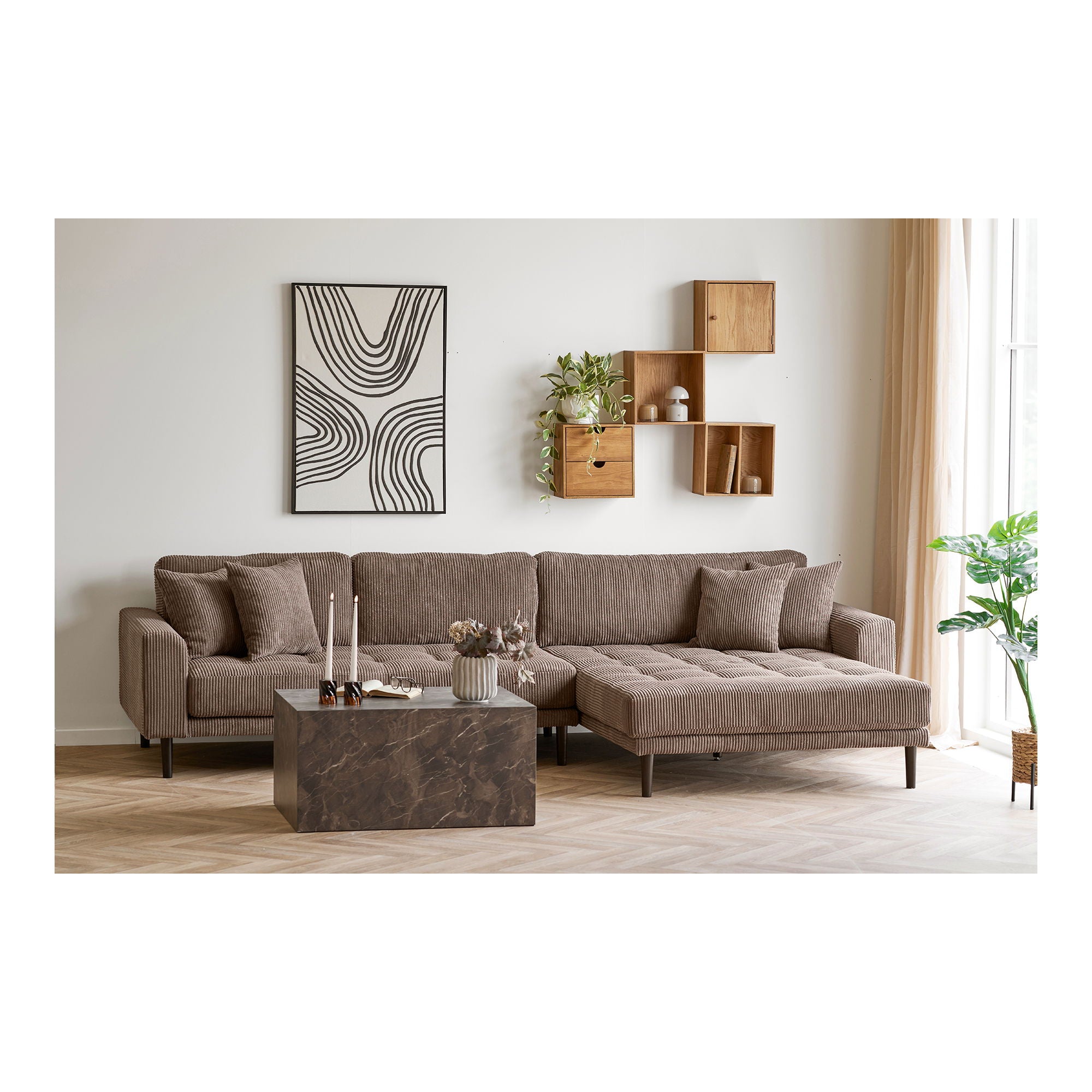 Lido Lounge soffa - Lounge soffa, höger -wing i brun sammet med fyra kuddar och svart trä Ben HN1423