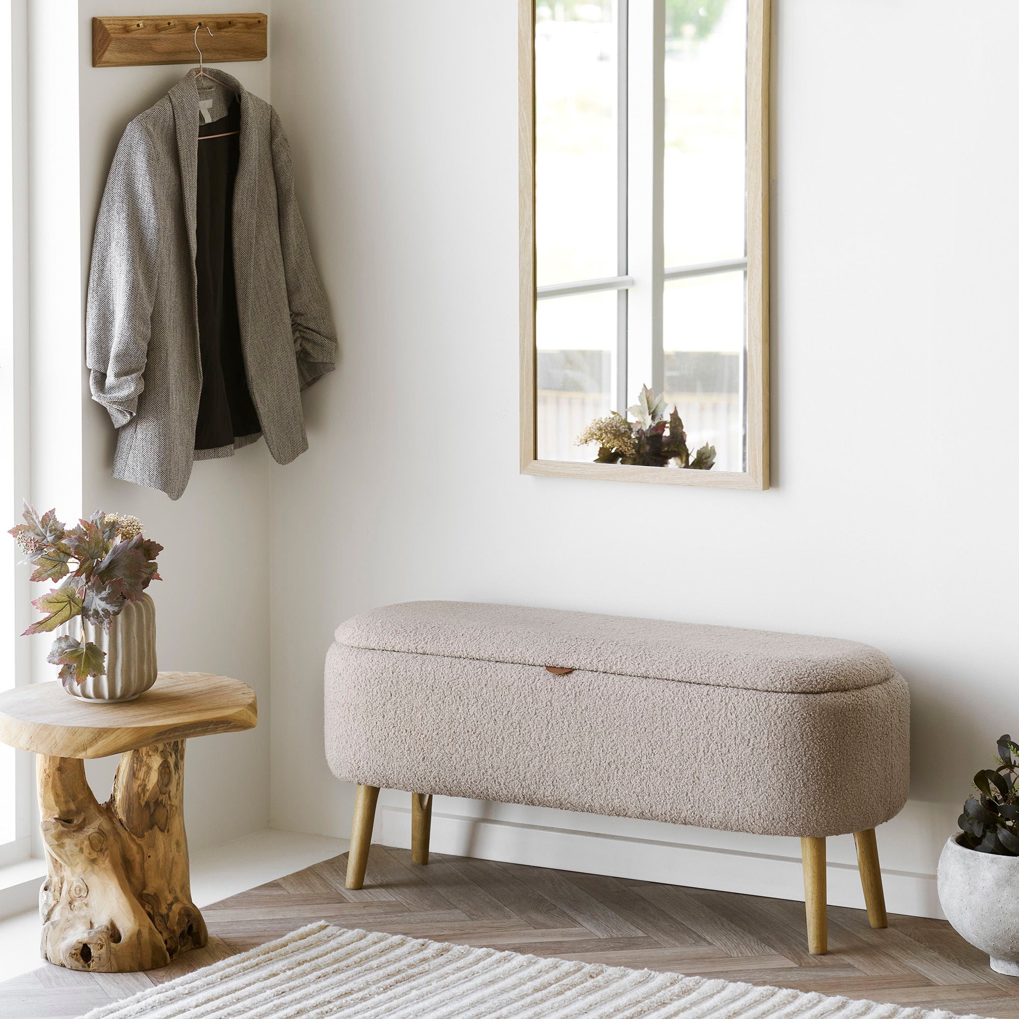 Harlow Bench - Bench With Storage, Bouclé, Beige 95x37x45 CM, HN1063