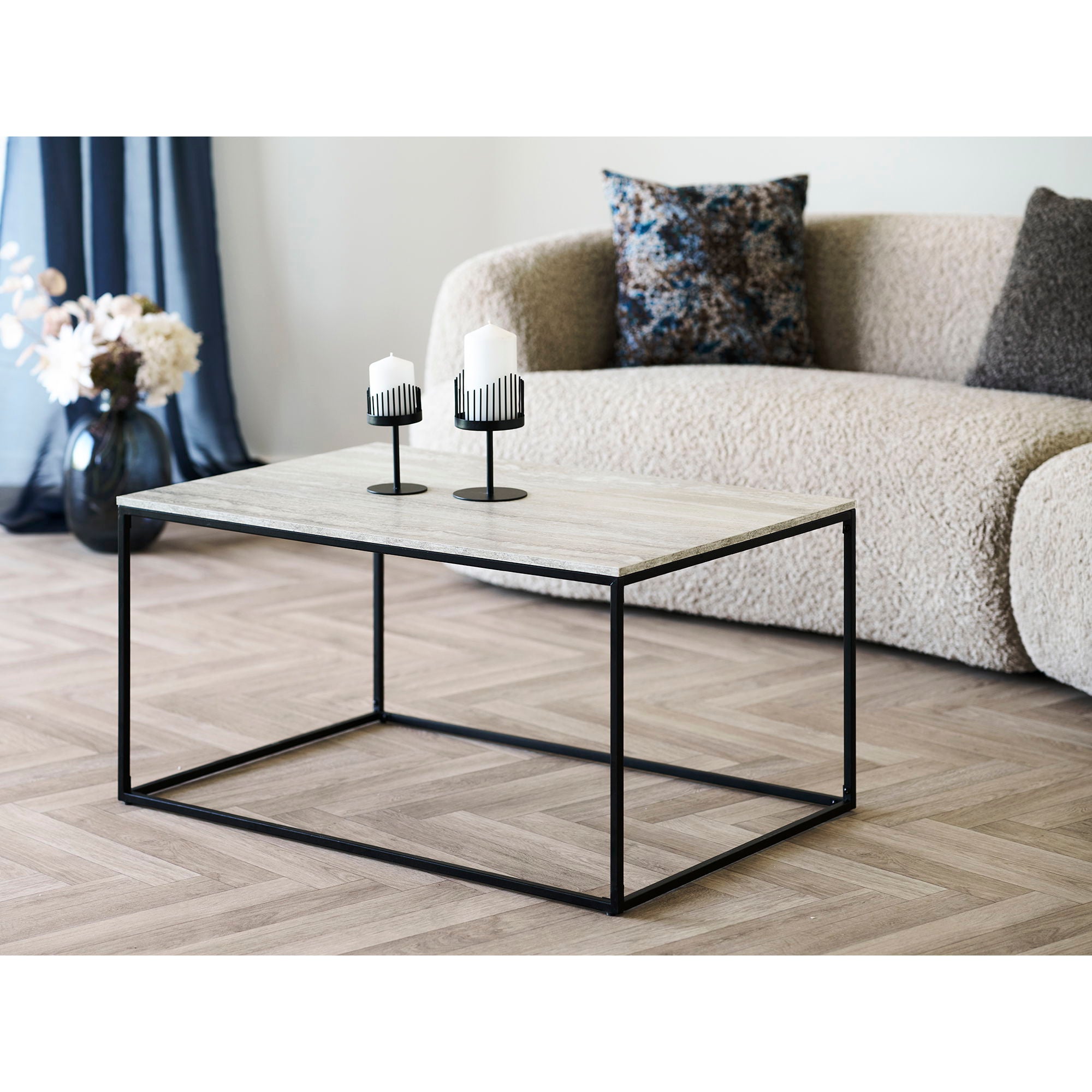 Vita soffbord - soffbord, travertinutseende, svart ram 90x60x45 cm