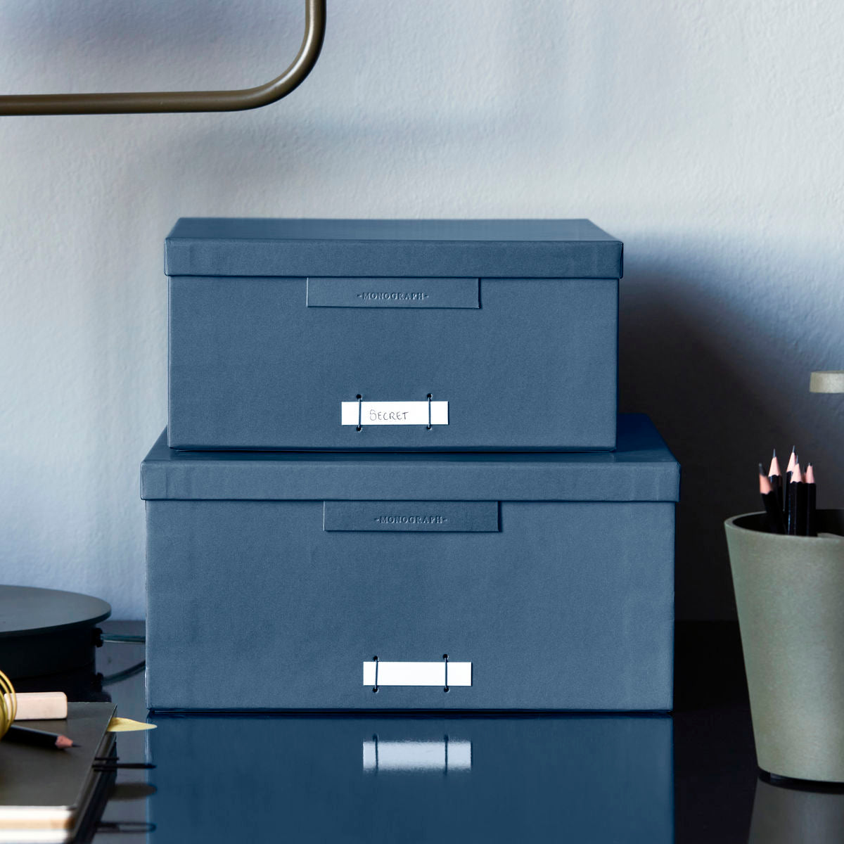 Lådor med lock, fil, blå/bensin