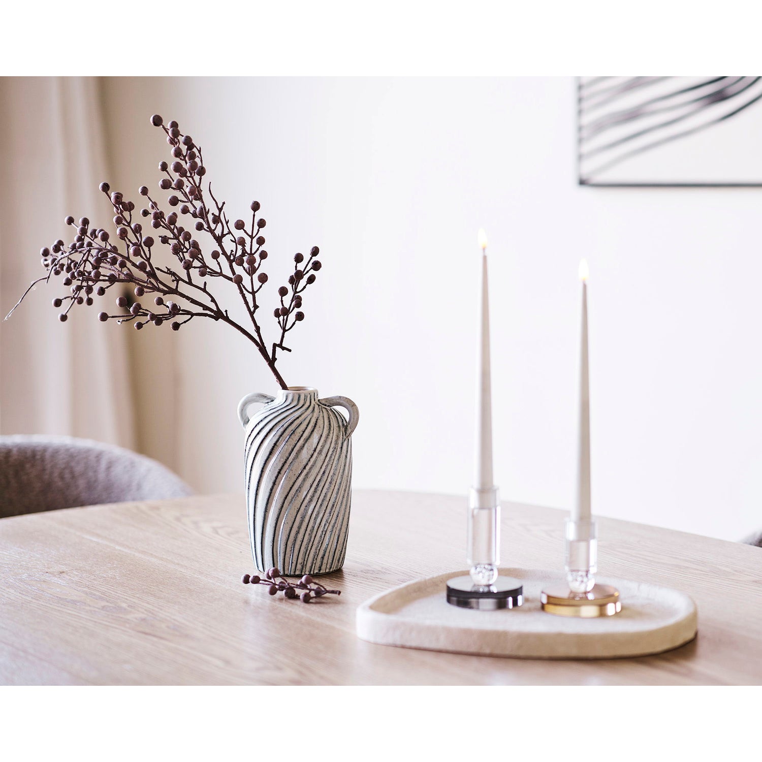 Ljusstake - Ljusstake, glas, grå/vit Ø9x13 cm