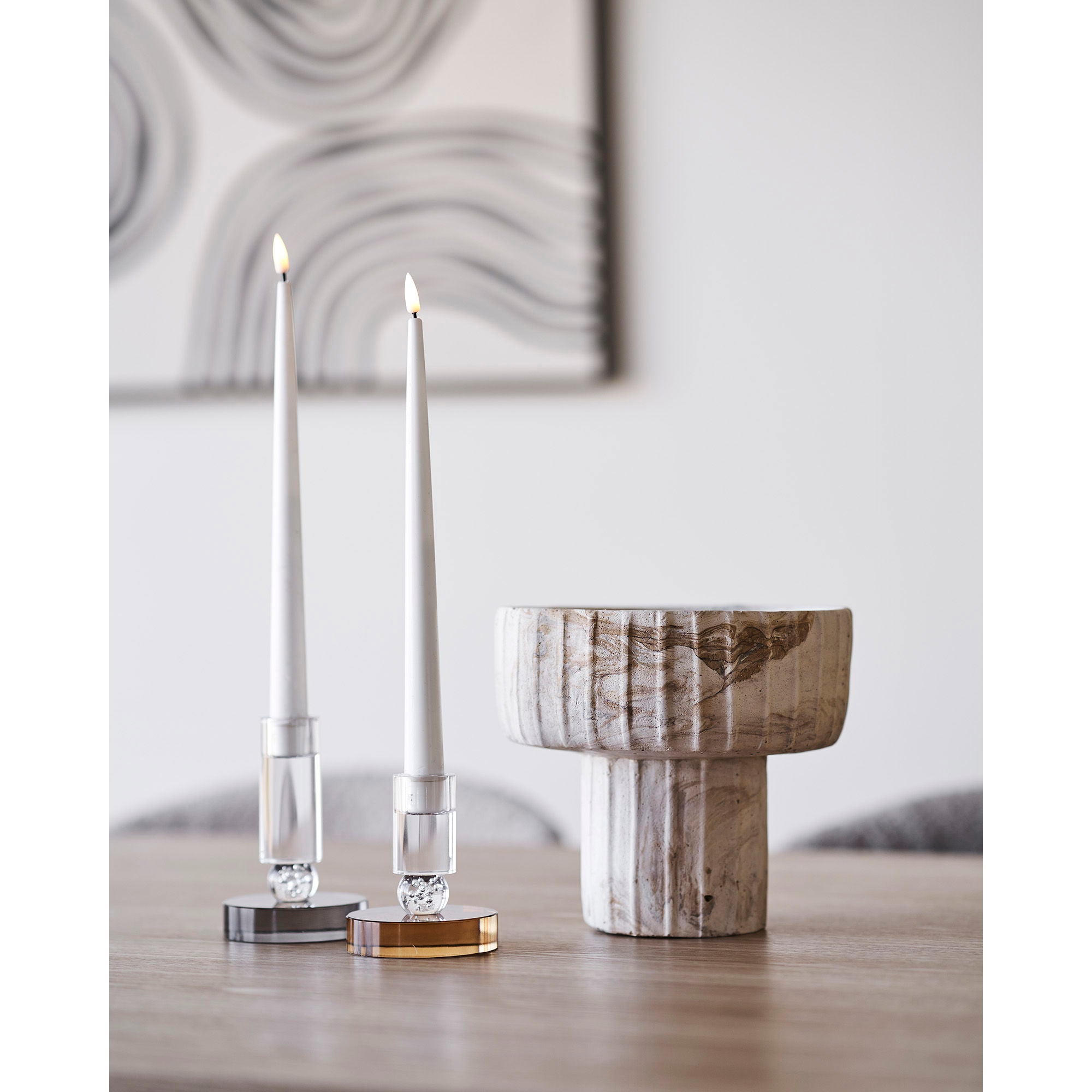 Ljusstake - Ljusstake, glas, grå/vit Ø9x13 cm