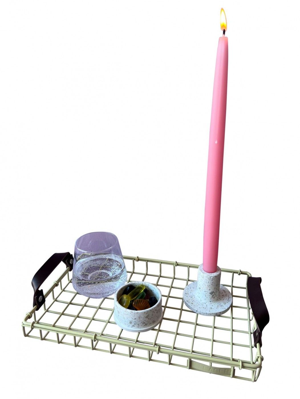 Kalager designfack, liten, grön beige med mörkbrun läderrem