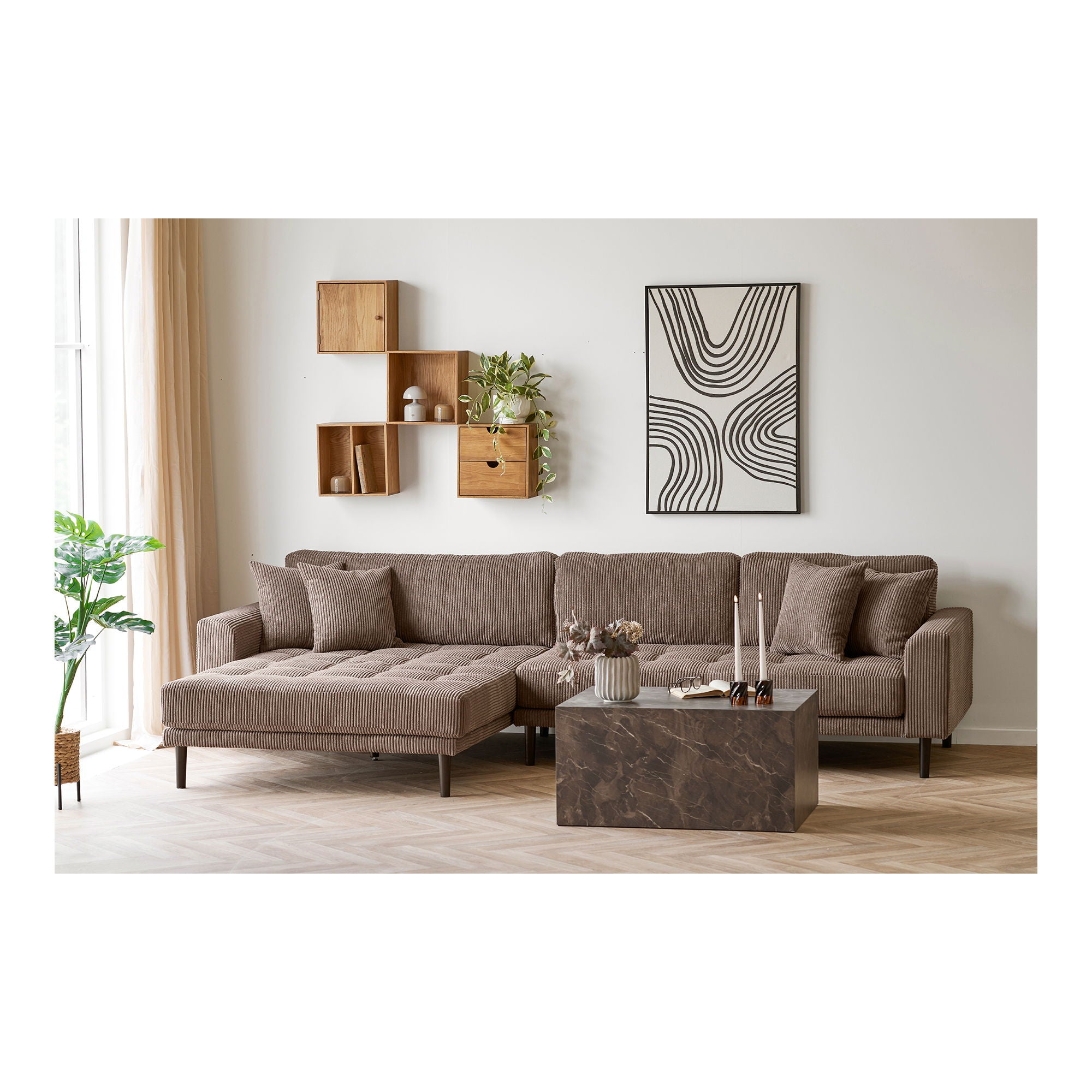 Lido Lounge soffa - Lounge soffa, vänster -wing i brun sammet med fyra kuddar och svarta träben HN1423