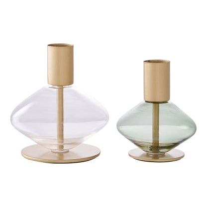 Ljusstake, glas/metall, klar/grön&lt;br&gt;uppsättning av 2