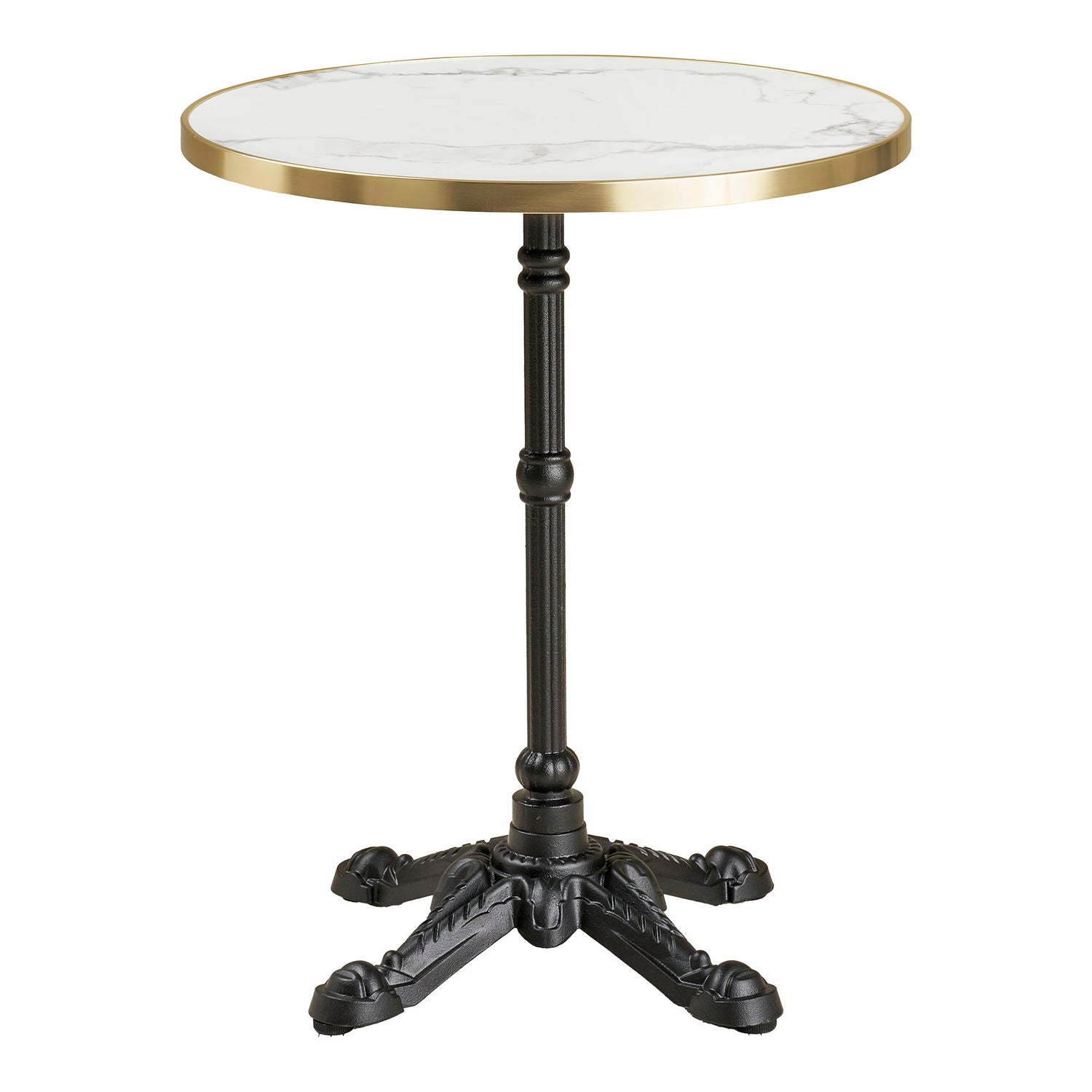 Café Table - Café Table, Marble Look bänkskiva, vit med guldkant, svarta ben, gjutjärn Ø60x73 cm