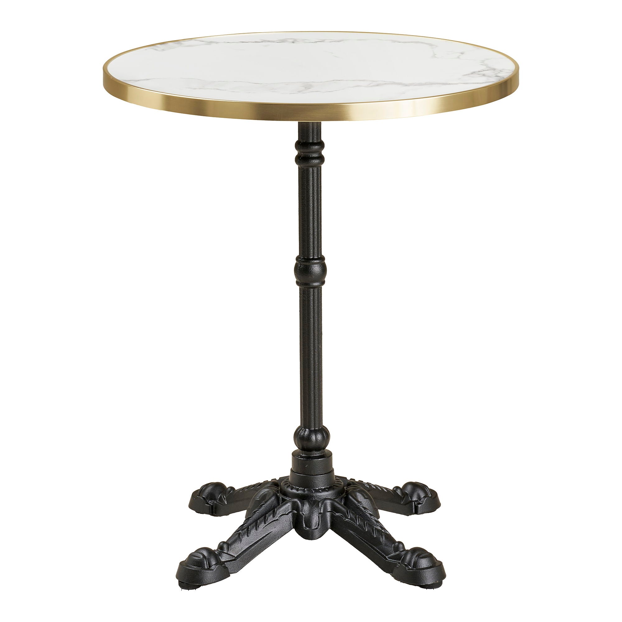 Café Table - Café Table, Marble Look bänkskiva, vit med guldkant, svarta ben, gjutjärn Ø60x73 cm