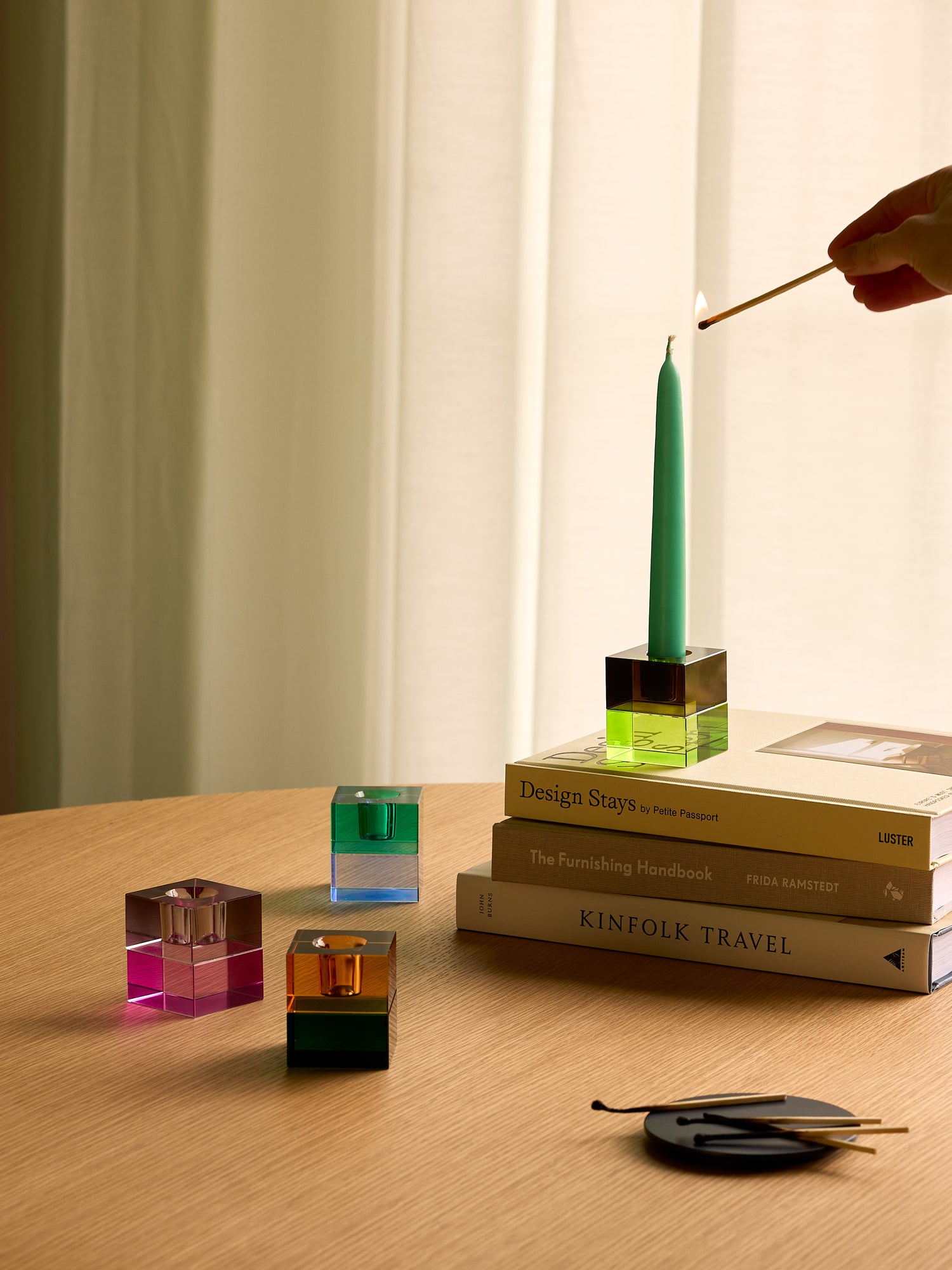 Blockljusstakar Grön/Blå &amp; Orange/Grön (set om 2) - 5x5h6cm