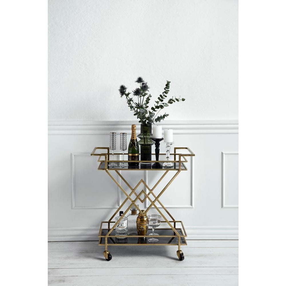 Nordal TROLLEY rullbord i järn - 44x76 cm - guld/svart glas