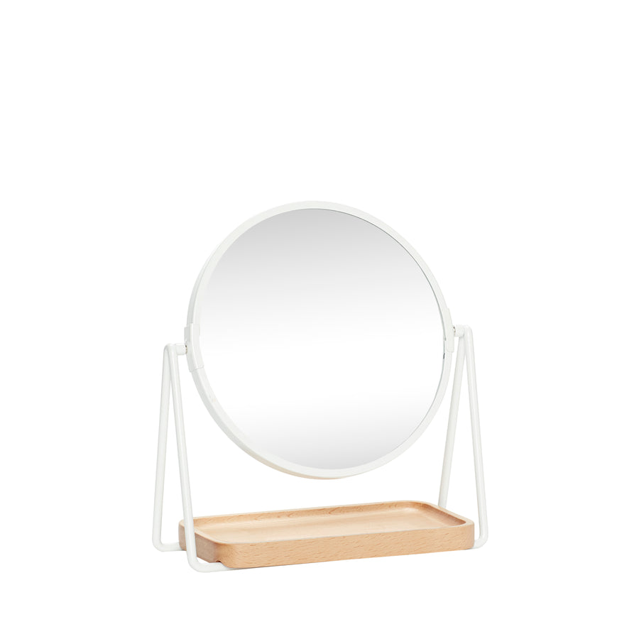Hübsch Bordspejl m/bakke, rund, træ/metal/glas, hvid - 21x10xh25cm - DesignGaragen.dk.